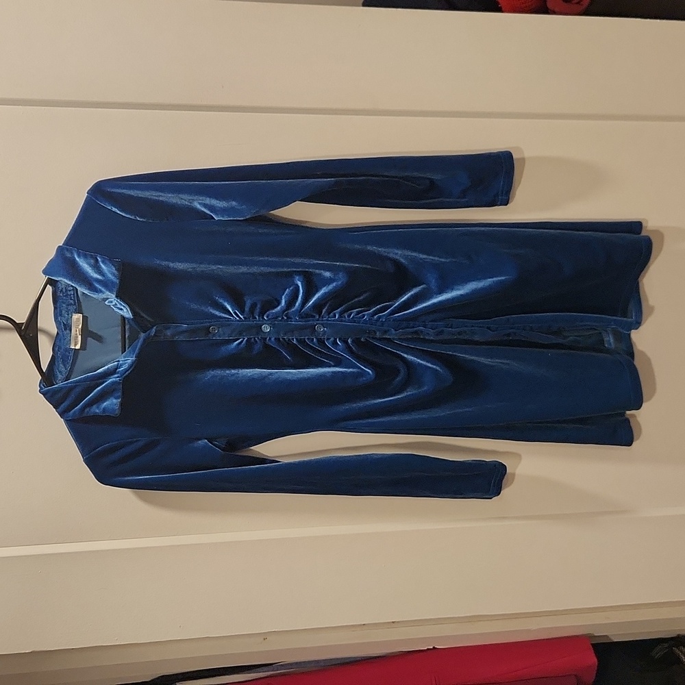 Ultra Flirt Blue Velvet Long Sleeve Ruched Button Dress